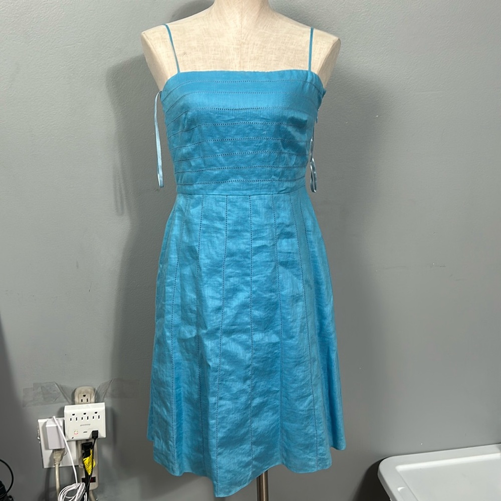 Ann Taylor Baby Blue Linen Aline Strap Dress size 4P